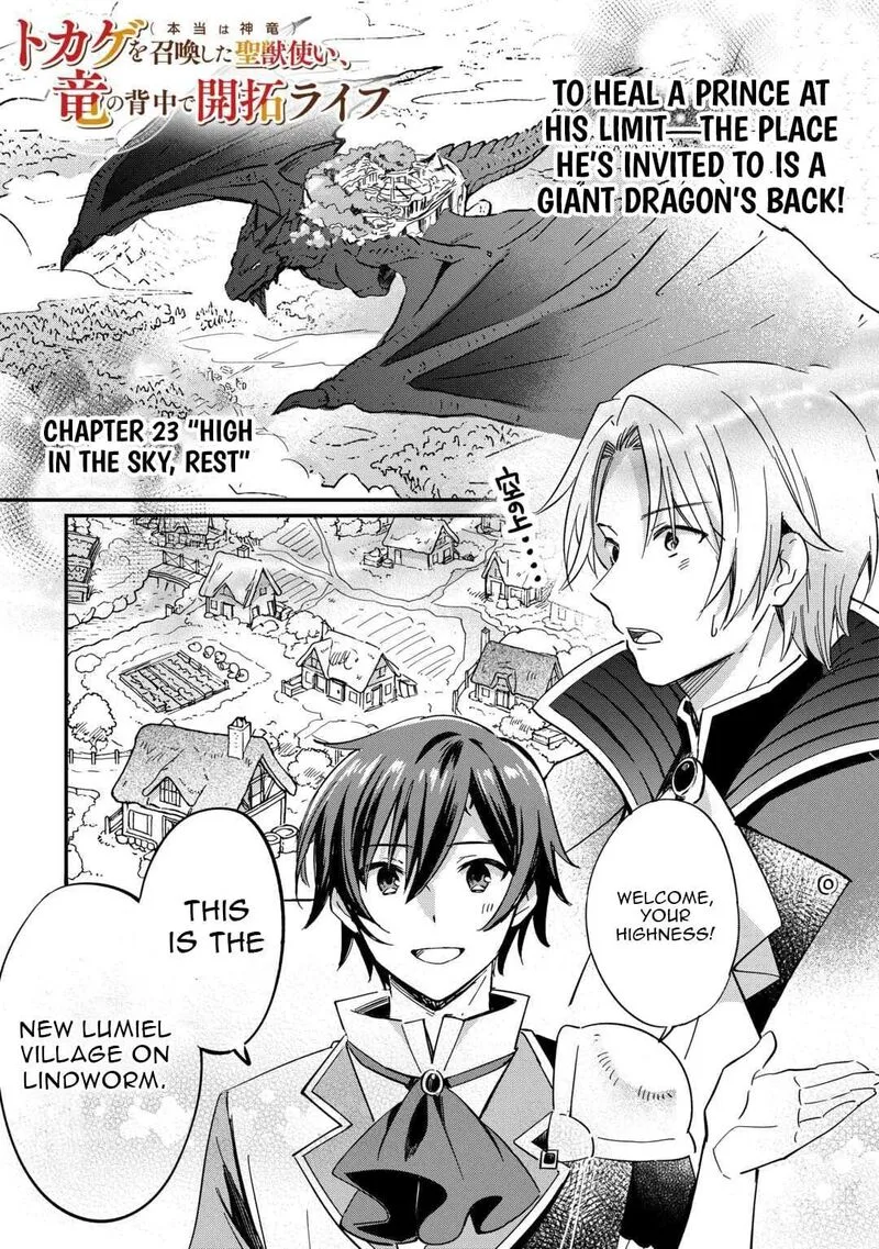 Tokage (Hontou wa Shinryuu) wo Shoukan Shita Seijuu Tsukai, Ryuu no Senaka de Kaitaku Life Chapter 23 page 1